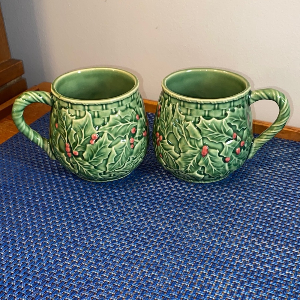 Bordallo Pinheiro Christmas Holly mugs, preowned, no chips